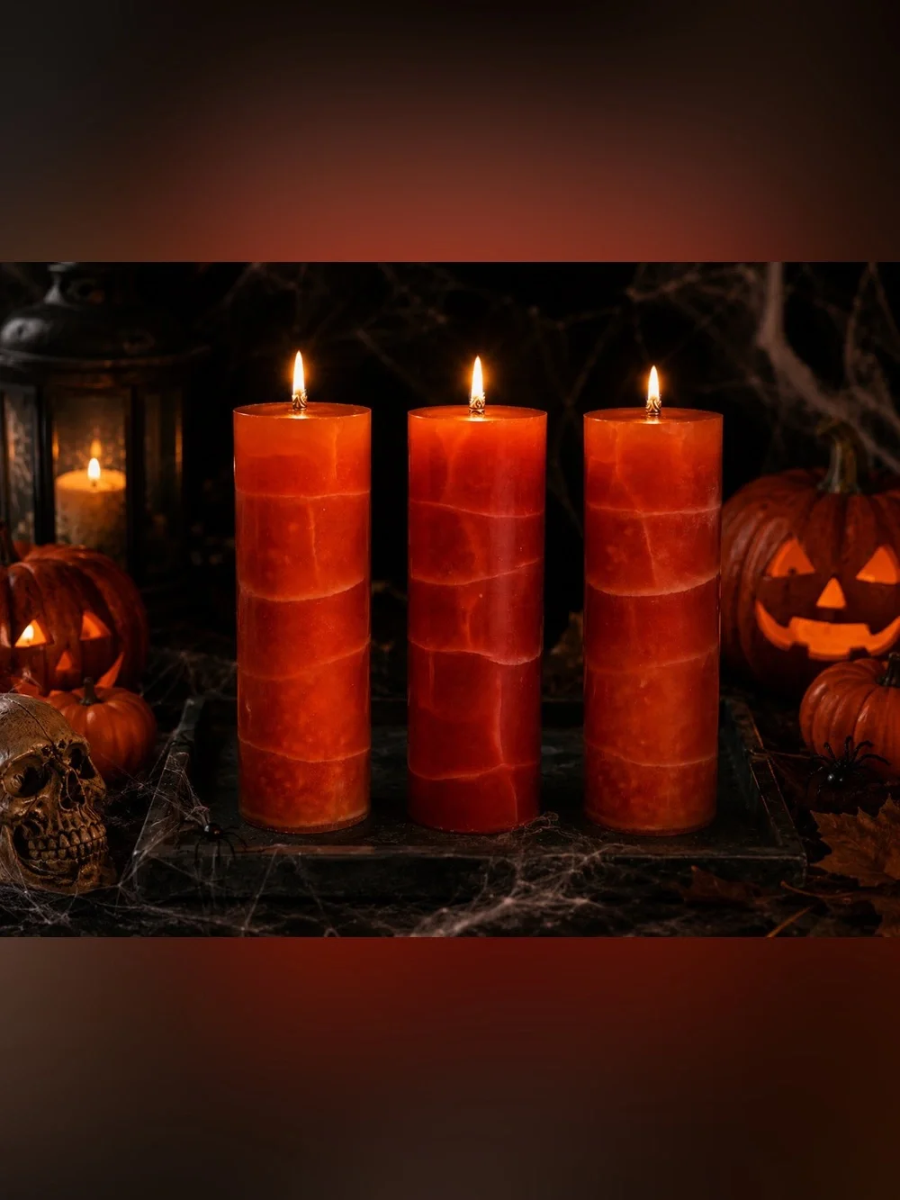 Halloween Orange Crackle Pillar Candle Set of 3 Spooky Fall Decor Gothic Autumn